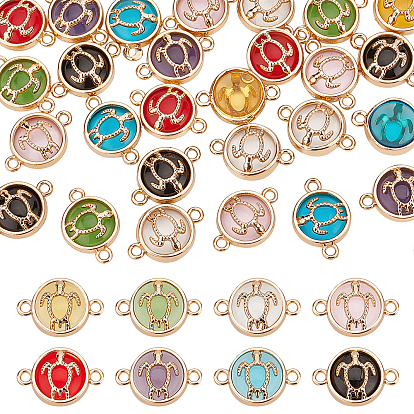 32Pcs 8 Colors Glass Links/Connectors, with Light Gold Plated Alloy Findings, Flat Round with Tortoise