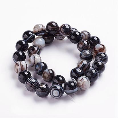 Natural Black Striped Agate/Banded Agate Beads Strands, Eye Agate Beads, Dyed & Heated, Round