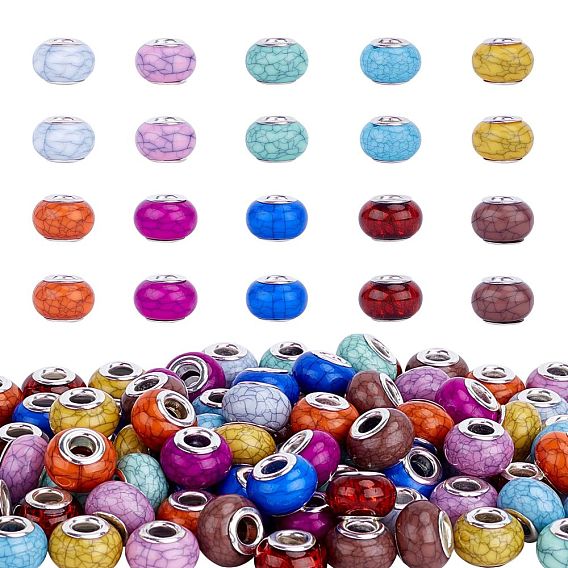 Imitation Turquoise Style Acrylic European Beads, Large Hole Beads, with Silver Color Plated Brass Double Cores, Rondelle