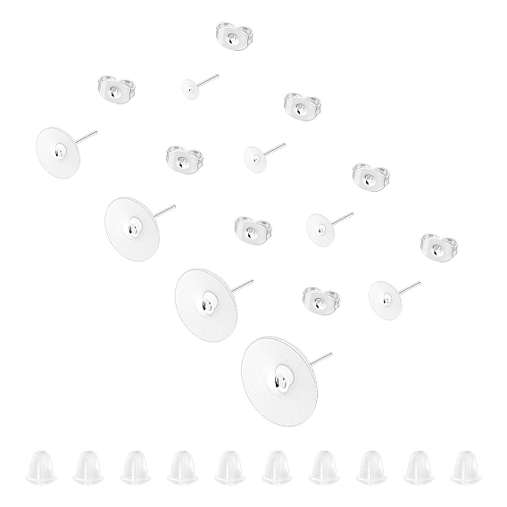 Flat Round 304 Stainless Steel Stud Earring Findings, with 40PCS 304 Stainless Steel & Plastic Ear Nuts