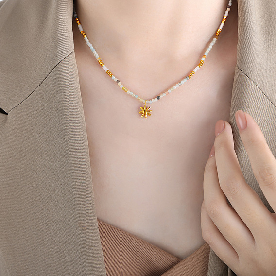 Французский минималистский натуральный камень ручной работы бисер звезда кулон ожерелье из нержавеющей стали