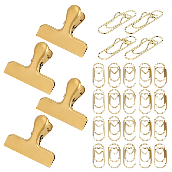 24Pcs 2 Styles Iron Paper Clips, Bookmark Marking Clips, Oval with Heart, with 4Pcs 430 Stainless Steel Bag Seal Clips