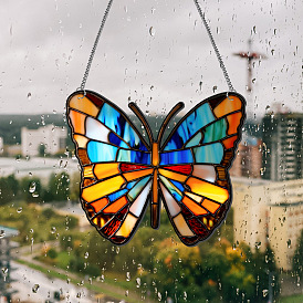 Panneau de suspension de fenêtre en acrylique teinté papillon, avec une chaîne en fer, pour décoration suspendue de fenêtre suncatcher