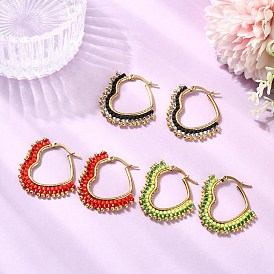 Glass Seed Hoop Earrings for Women, Heart, 201 Stainless Steel Hoop Earrings, Golden