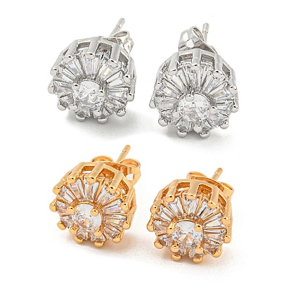 Brass Micro Pave Cubic Zirconia Ear Studs, Flat Round