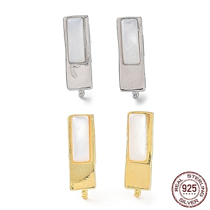 925 Sterling Silver Stud Earring Findings, with Shell, for Half Drilled Pearl Beads, Rectangle