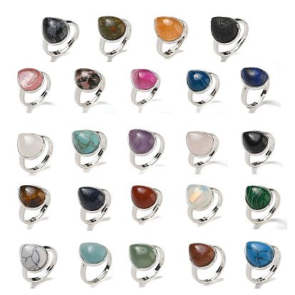 Каплевидные регулируемые кольца с натуральными и синтетическими драгоценными камнями, без свинца и без кадмия, посеребренные латунные перстни для женщин и мужчин