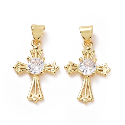 Brass Cubic Zirconia Pendants, Hollow Religion Cross Charm