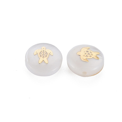 Natural Freshwater Shell Beads, with Golden Plated Brass Metal Embellishments, Flat Round with Tortoise