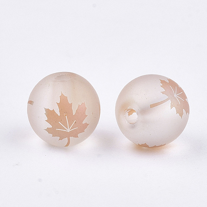 Autumn Theme Electroplate Transparent Glass Beads, Frosted, Round with Maple Leaf Pattern
