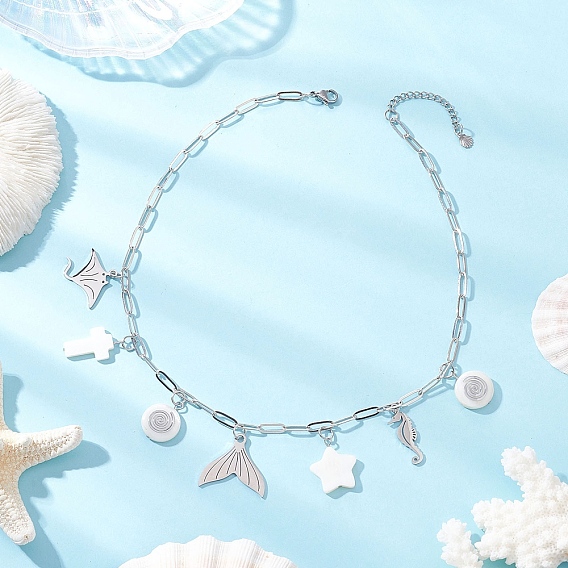 Цепочка-скрепка из латуни с подвеской из сплава и натуральной белой ракушки для женщин, платина