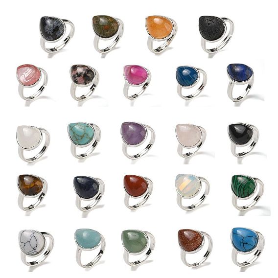 Каплевидные регулируемые кольца с натуральными и синтетическими драгоценными камнями, без свинца и без кадмия, посеребренные латунные перстни для женщин и мужчин