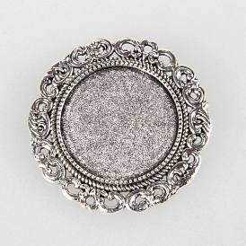 Tibetan Style Alloy Brooch Cabochon Settings, Cadmium Free & Lead Free, with Iron Pin Brooch Back Bar Findings, Flat Round, Tray: 25mm, 39x2mm, Pin: 0.6mm