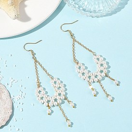 Shell Pearl Beads Dangle Earrings, Fan, 304 Stainless Steel Dangle Earrings for Women, with Brass Cable Chains
