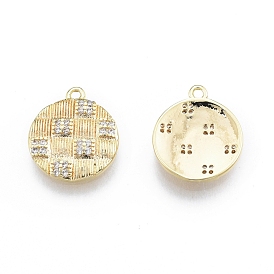 Ion Plating(IP) Brass Micro Pave Clear Cubic Zirconia Charms, Flat Round