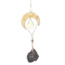 Natural Gemstone Chips & Brass Moon Suncatchers, Wire Wrapped Raw Stone and Glass Charm for Window Hanging Decor