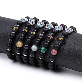 Natural Black Agate Stretch Bracelets, Constellation & Hamsa Hand with Evil Eye Bracelet for Women & Men