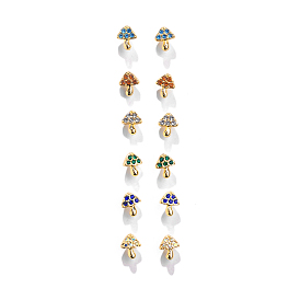 6 Pair 6 Color Rhinestone Mushroom Stud Earrings, Golden Alloy Jewelry for Women