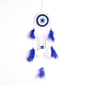 Evil Eye Woven Web/Net with Feather Wall Hanging Decorations, with Iron Ring and Metal Tube, for Home Bedroom Decorations