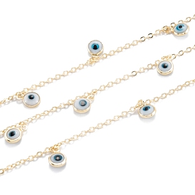 Handmade Brass Beaded Chains, With Glass Evil Eye Charms, Long-Lasting Plated, Soldered, with Spool