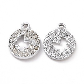 Alloy Crystal Rhinestone Pendants, Flat Round with Hollow Out Butterfly Charms