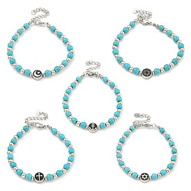 Star/Cross/Sun/Moon/Anchor 304 Stainless Steel & Synthetic Turquoise Round Beaded Bracelets for Women