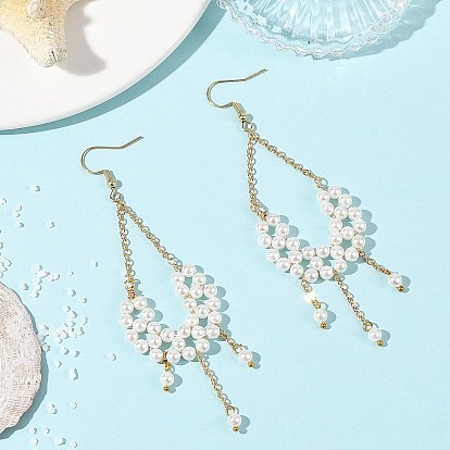 Shell Pearl Beads Dangle Earrings, Fan, 304 Stainless Steel Dangle Earrings for Women, with Brass Cable Chains