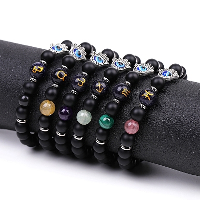 Natural Black Agate Stretch Bracelets, Constellation & Hamsa Hand with Evil Eye Bracelet for Women & Men