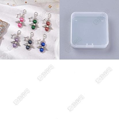 24Colgante de perla de imitación acrílica con forma de ángel, decoración, Dijes de aleación de estilo tibetano con cierres de estrella y pinza de langosta para adornos de bolsos