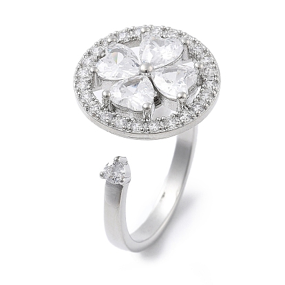 Вращающиеся открытые манжетные кольца для женщин, латунные кольца-спиннеры с микро-паве и прозрачным кубическим цирконием, плоские круглые с клевером