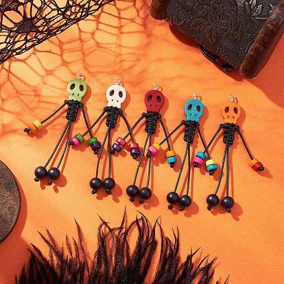 Окрашенный синтетический бирюзовый череп корейский вощеный полиэстеровый шнур большие подвески, Подвески-скелеты на Хэллоуин с деревянными и стеклянными бусинами, серебряный цвет гальваническим