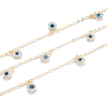 Handmade Brass Beaded Chains, With Glass Evil Eye Charms, Long-Lasting Plated, Soldered, with Spool