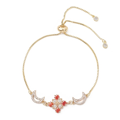 Регулируемые латунные браслеты со звеньями-слайдерами, цветок, с подвесками из кубических цирконий в латунной оправе