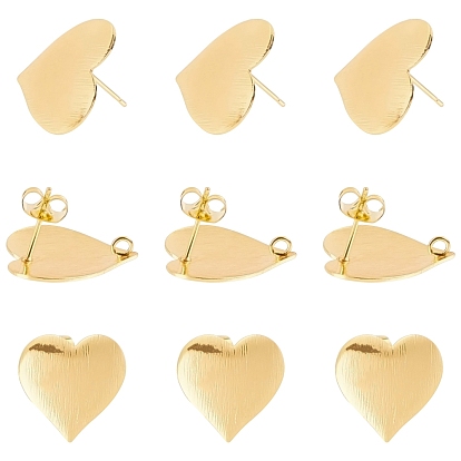Real 18K Gold Plated Brass Stud Earring Findings, with Loop and Ear Nuts, Heart