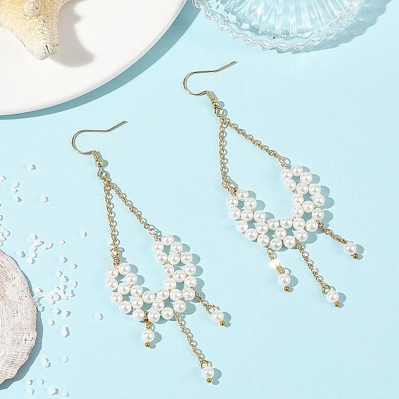 Shell Pearl Beads Dangle Earrings, Fan, 304 Stainless Steel Dangle Earrings for Women, with Brass Cable Chains