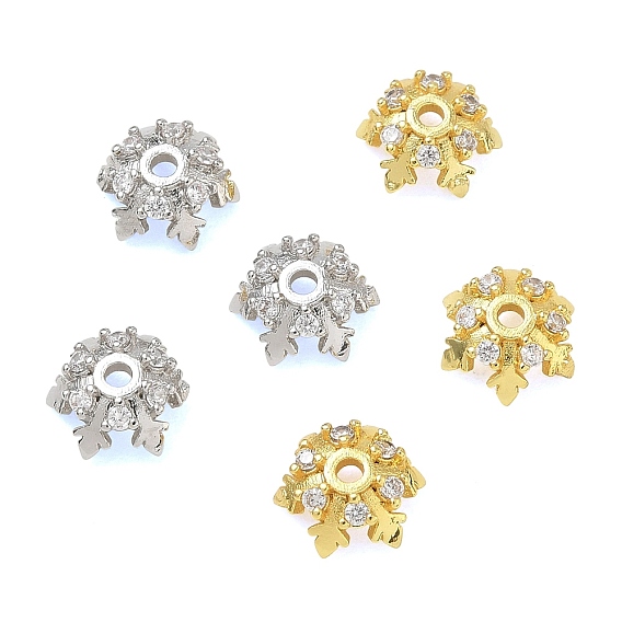 Micro latón preparan tapas de cuentas de zirconia cúbica, flor, chapado en rack, larga duración plateado, sin plomo y cadmio