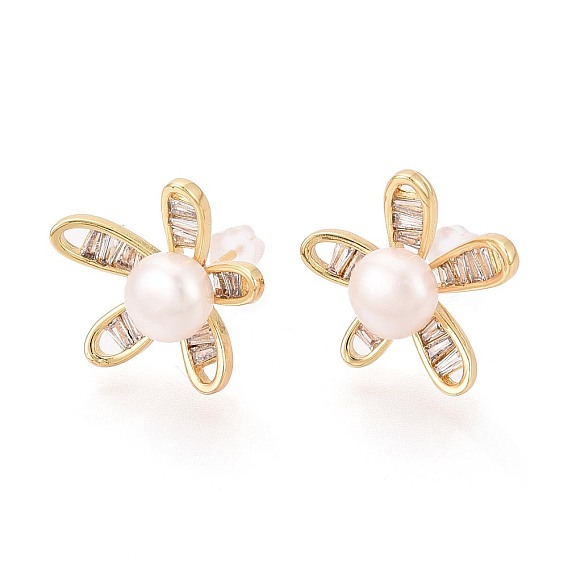 Серьги-гвоздики из натурального жемчуга с микропаве из кубических цирконий из латуни, цветок, с 925 штырями стерлингового серебра, долговечный