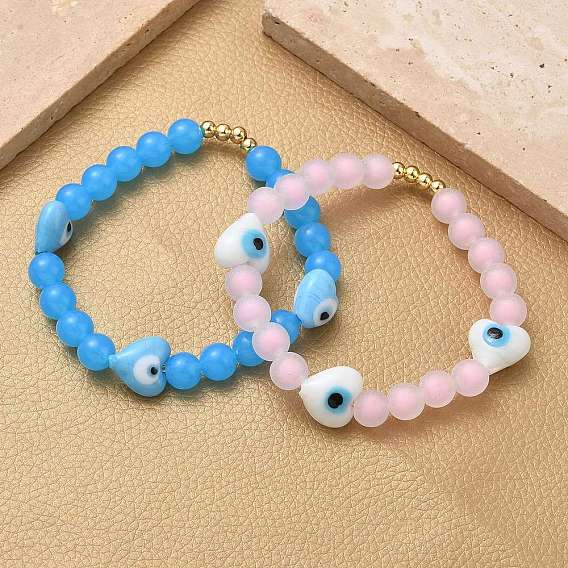 Женские эластичные браслеты из латуни, пластика и бусин в технике лэмпворк, сердце с узором от сглаза, стойки покрытие, без свинца и без кадмия, долговечный