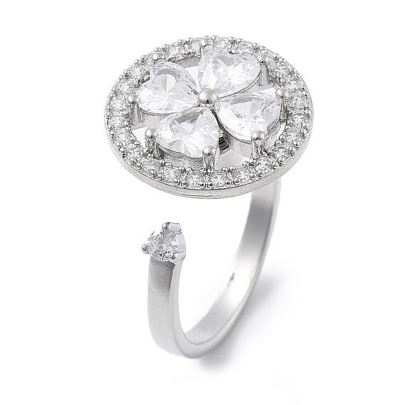 Вращающиеся открытые манжетные кольца для женщин, латунные кольца-спиннеры с микро-паве и прозрачным кубическим цирконием, плоские круглые с клевером