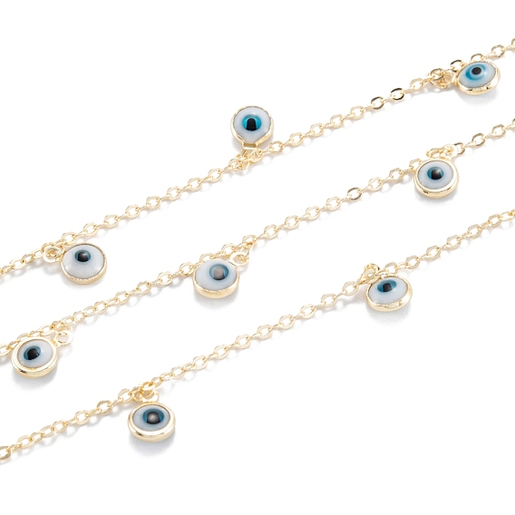 Handmade Brass Beaded Chains, With Glass Evil Eye Charms, Long-Lasting Plated, Soldered, with Spool