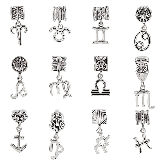 Набор подвески в европейском стиле из сплава в тибетском стиле, Подвески с большими отверстиями, двенадцать созвездий