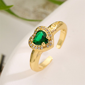 Fashion Heart-shaped CZ Ring for Women, Gold Plated with Micro Inlaid LOVE Opening, Colorful Index Finger Ring