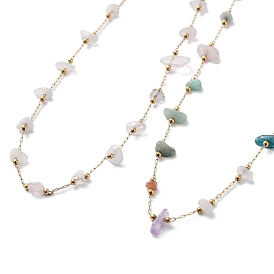 Natural & Synthetic Mixed Gemstone Chips Beaded Chain Necklace, with Golden 316 Surgical Stainless Steel Chains