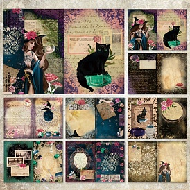 8 Sheets A5 Halloween Witch & Black Cat Scrapbook Paper Pads, for DIY Album Scrapbook, Background Paper, Diary Decoration