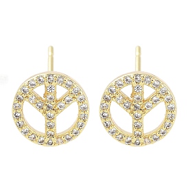 Brass Micro Pave Clear Cubic Zirconia Studs Earring, Flat Round with Peace Symbol