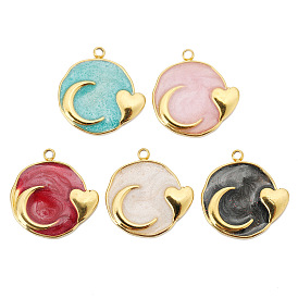 Stainless Steel Pendants, with Enamel, Golden, Flat Round with Moon & Heart Charm