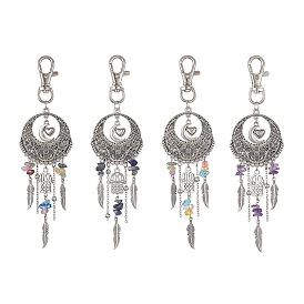 Tibetan Style Alloy Flat Round with Feather Pendants Decorations, with Gemstone Chips and Alloy Swivel Lobster Claw Clasps, Hamsa Hand/Hand of Miriam