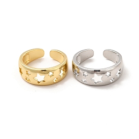 Rack Plating Brass Hollow Star Cuff Rings for Women, Wide Band Ring, Long-Lasting Plated, Cadmium Free & Lead Free