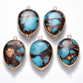 Assembled Bronzite and Synthetic Aqua Terra Jasper Links/Connectors, with Golden Plated Brass Settings and Iron Loops, Teardrop