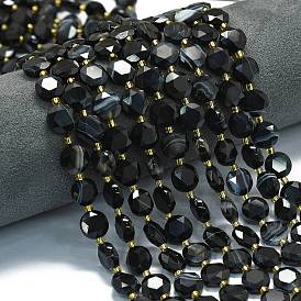 Натуральный черный агат бисер нитей, окрашенная и подогревом, граненый шестиугольный разрез, плоско-круглые, с бисером